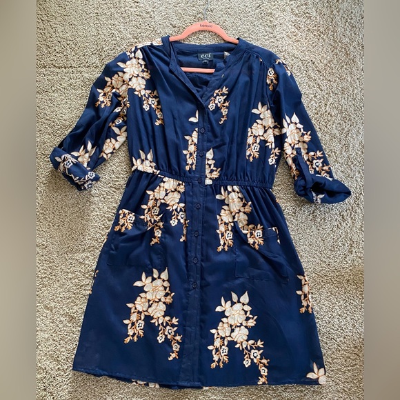 ECI New York Navy Blue Summer Dress with Floral Embroidery - Picture 3 of 6